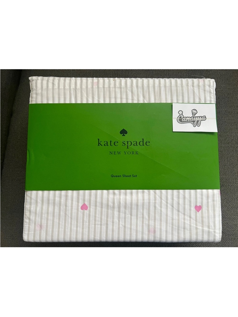 Kate Spade King Size Sheet Set Grey Pin Stripes & Pink Hearts Valentines Rare